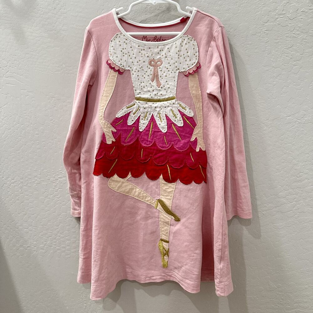 Mini Boden Pink Sugar Plum Fairy Ballerina Appliqué Long Sleeve Dress 7-8y